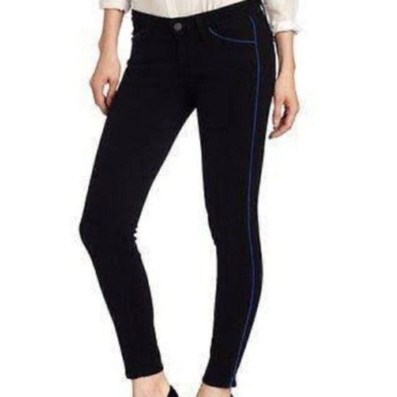 PAIGE Denim - Womens 28 Paige Black Skinny Jeans Pants with Blue Piping Zip Button Pockets